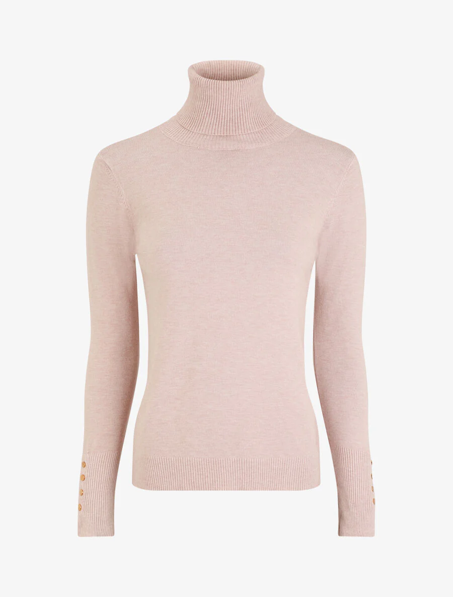Pull col roulé à poignets boutonnés - Rose pâle