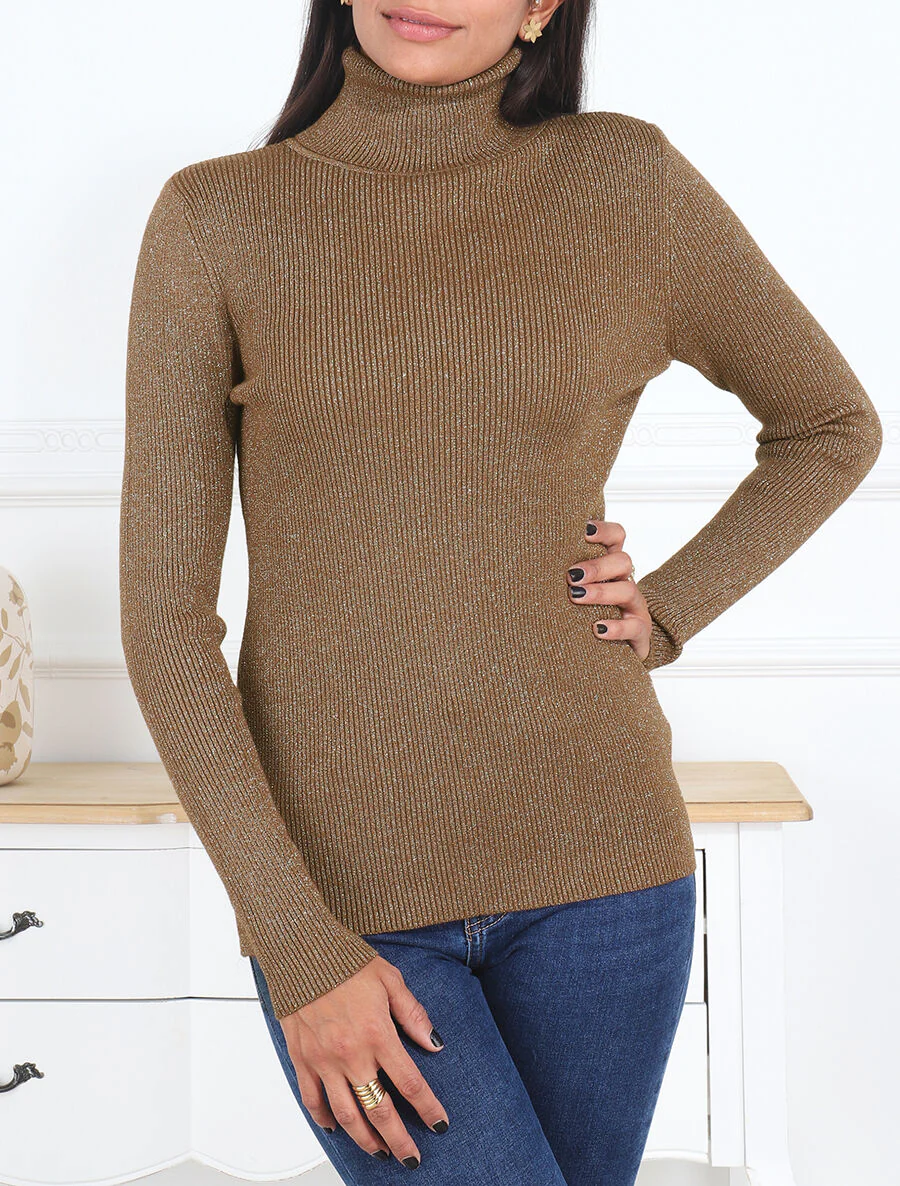 Pull col roulé ajusté et irisé - Camel - Image 4