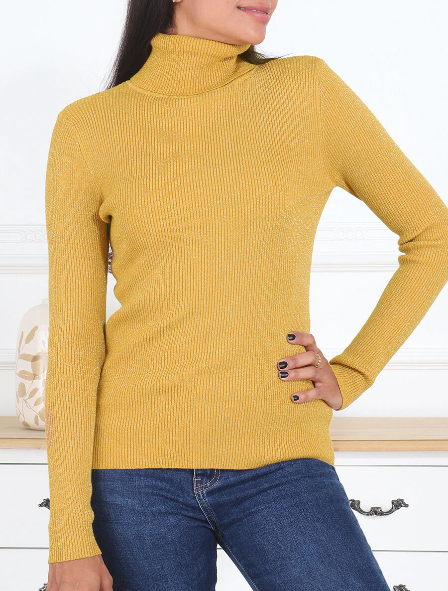 Pull col roulé ajusté et irisé - Moutarde - Image 4