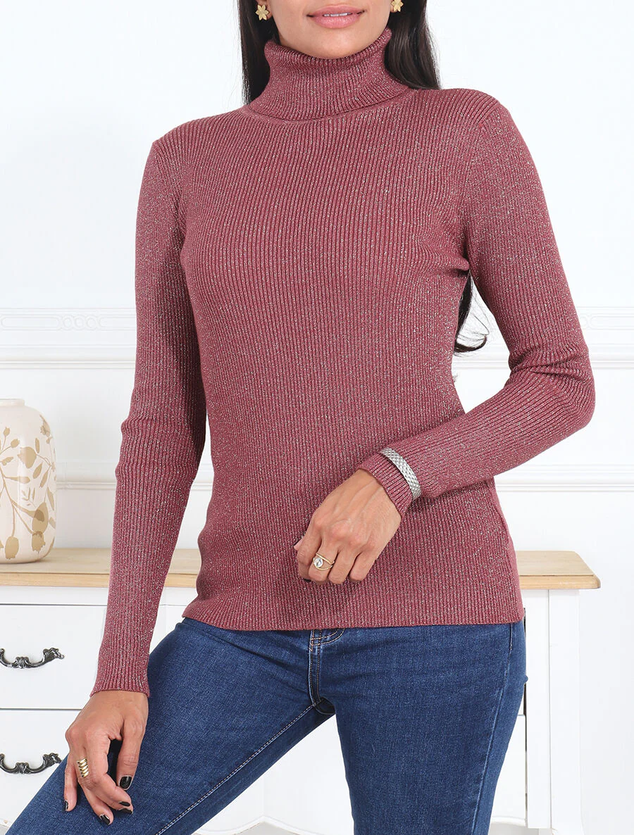 Pull col roulé ajusté et irisé - Vieux rose - Image 4