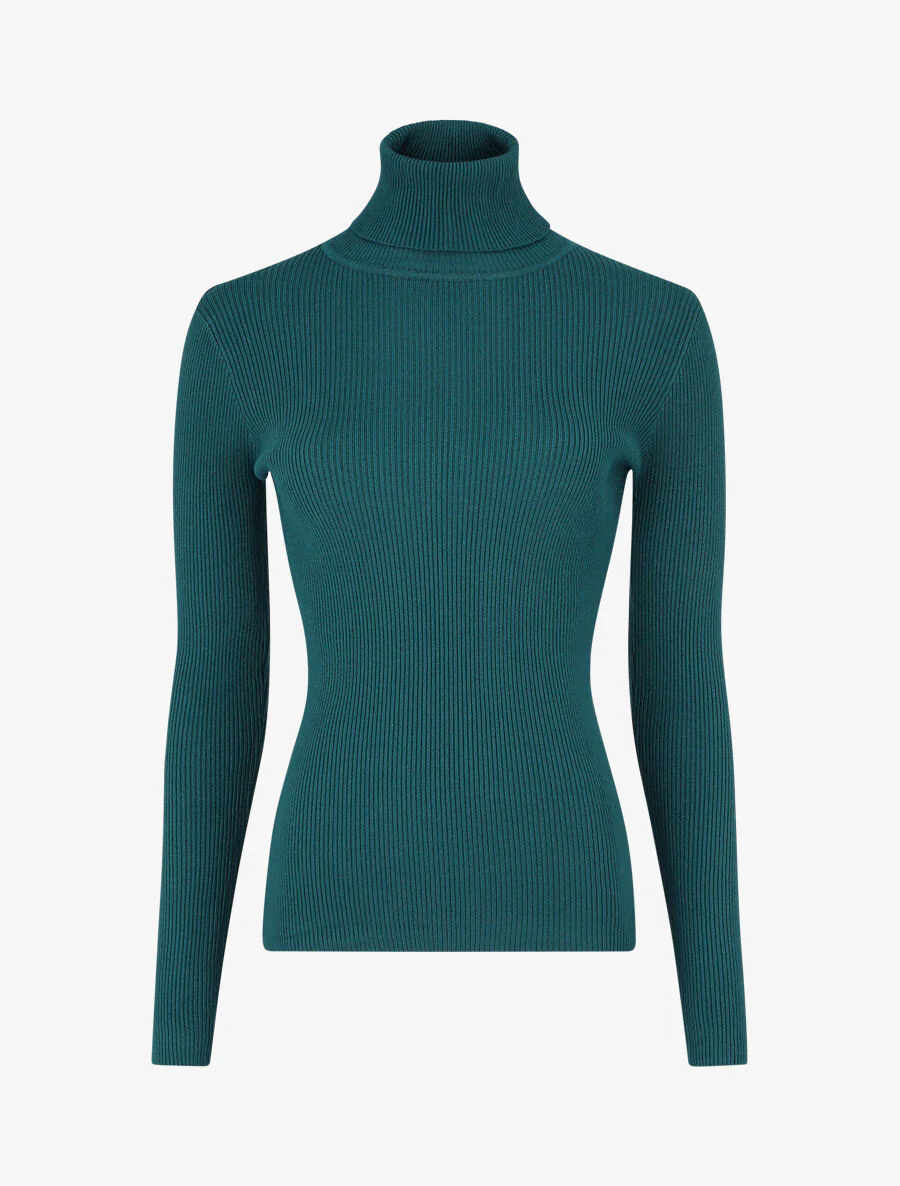 Pull col roulé uni ajusté - Bleu canard