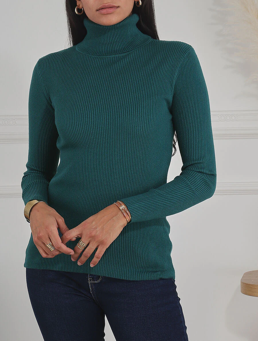 Pull col roulé uni ajusté - Bleu canard - Image 4