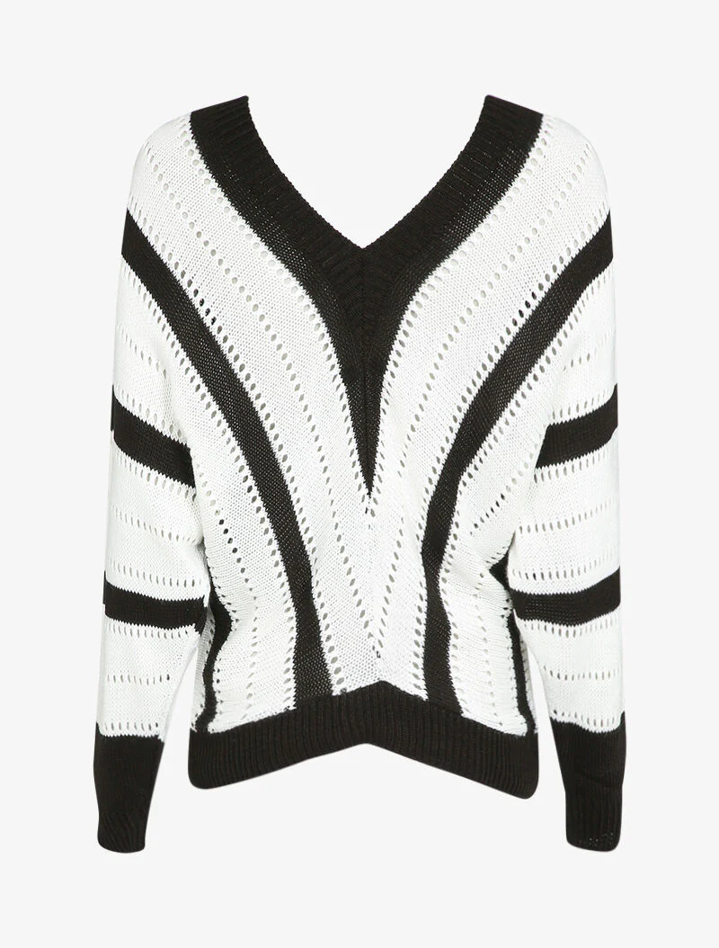 Pull col V à rayures en maille ajourée - Noir - Image 2