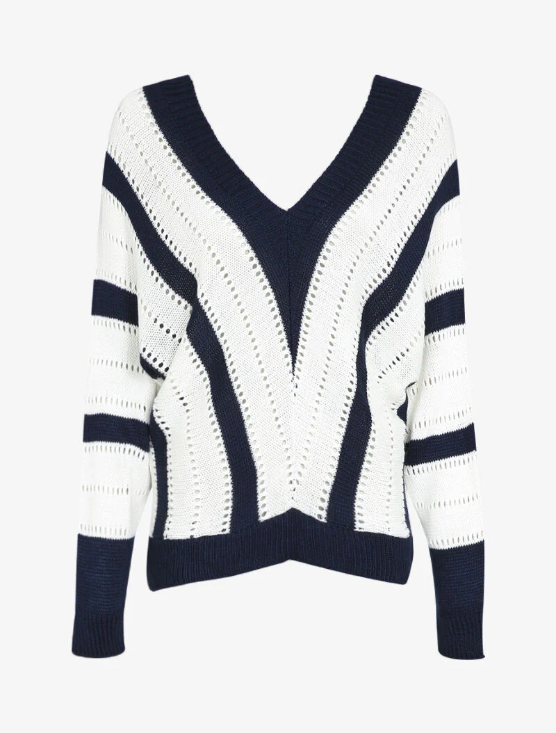 Pull col V à rayures en maille ajourée - Marine