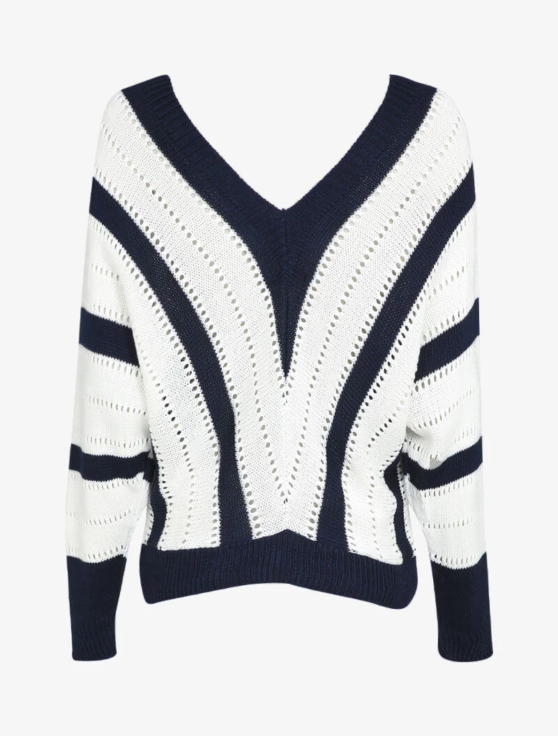 Pull col V à rayures en maille ajourée - Marine - Image 2