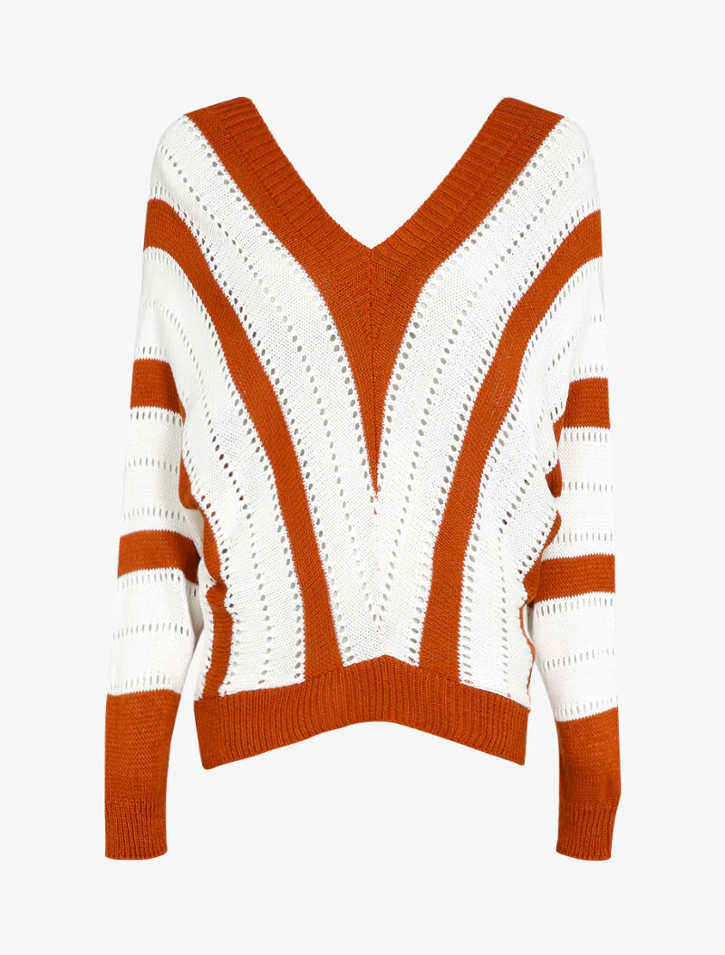 Pull col V à rayures en maille ajourée - Rouille