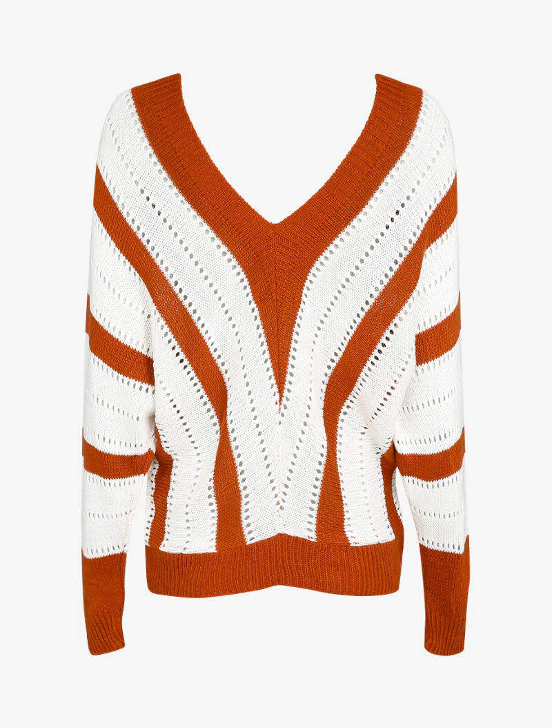 Pull col V à rayures en maille ajourée - Rouille - Image 2
