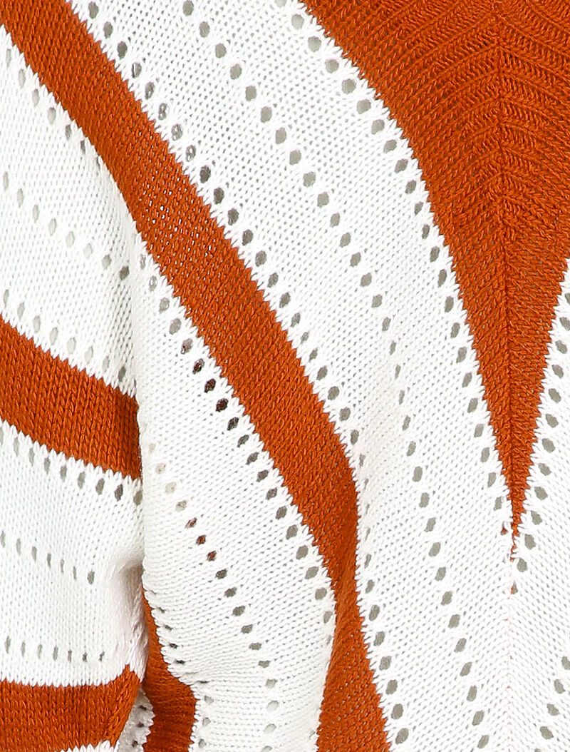 Pull col V à rayures en maille ajourée - Rouille - Image 3