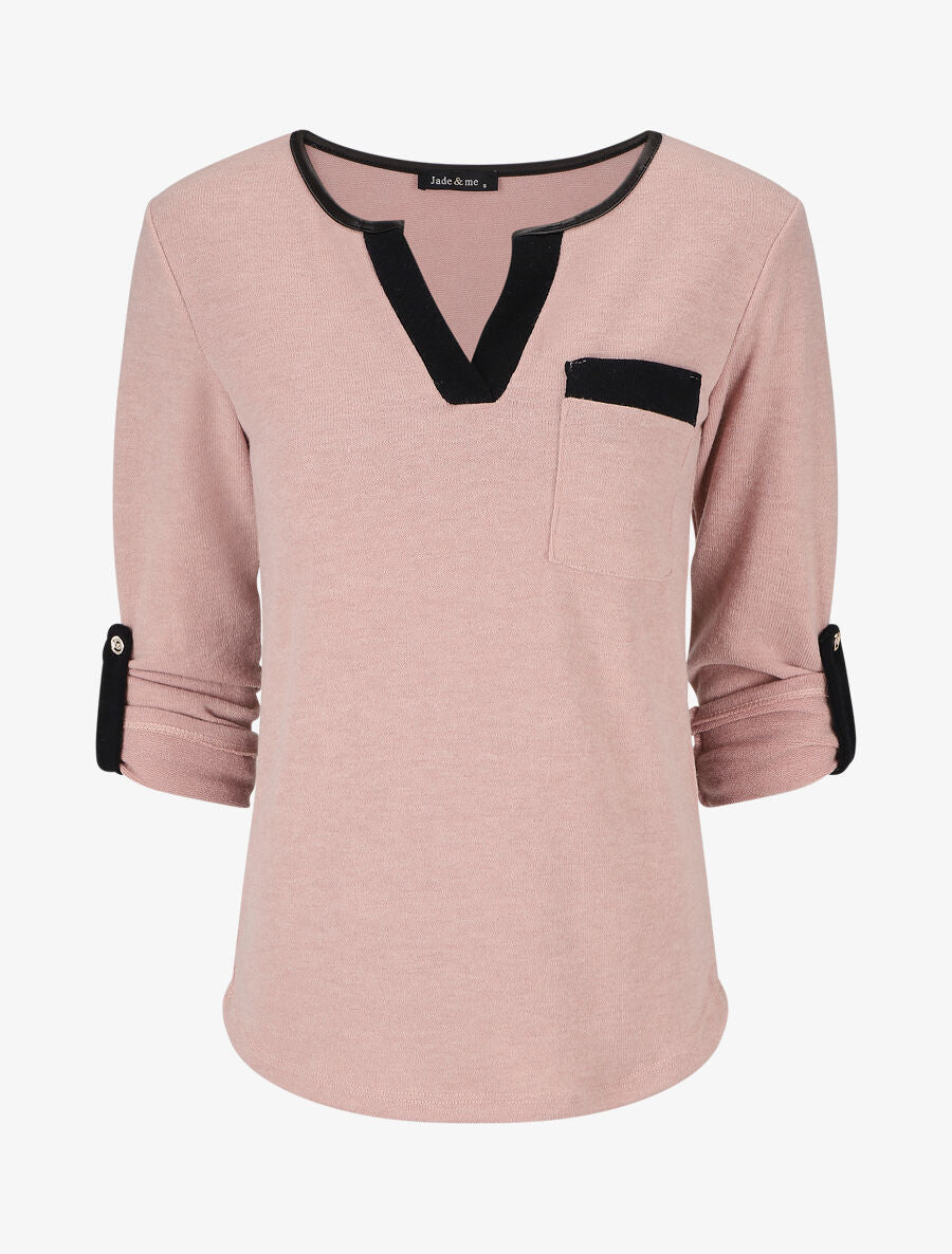 Pull col V contrastant à manches retroussables - Rose