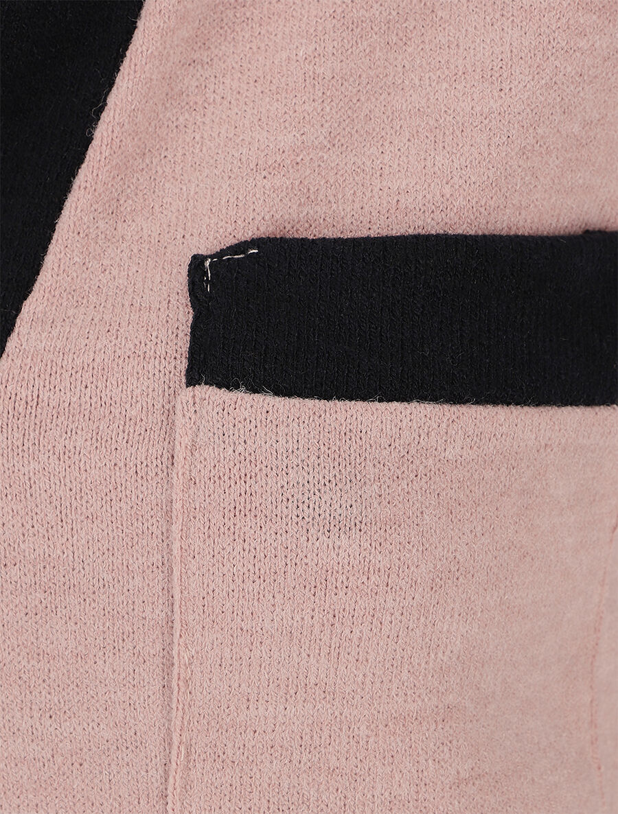 Pull col V contrastant à manches retroussables - Rose - Image 3