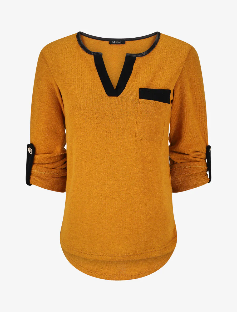 Pull col V contrastant à manches retroussables - Jaune moutarde
