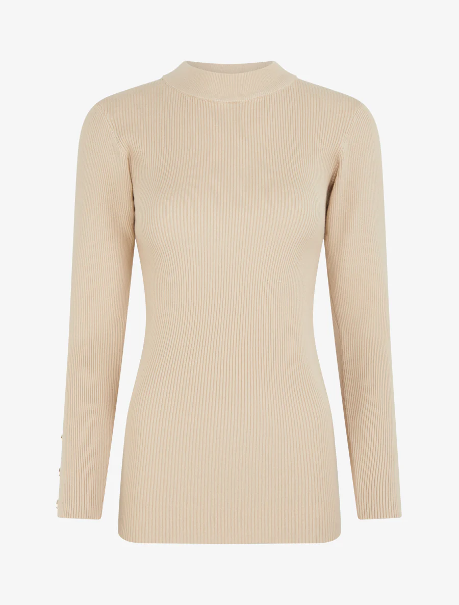 Pull côtelé à col montant - Beige