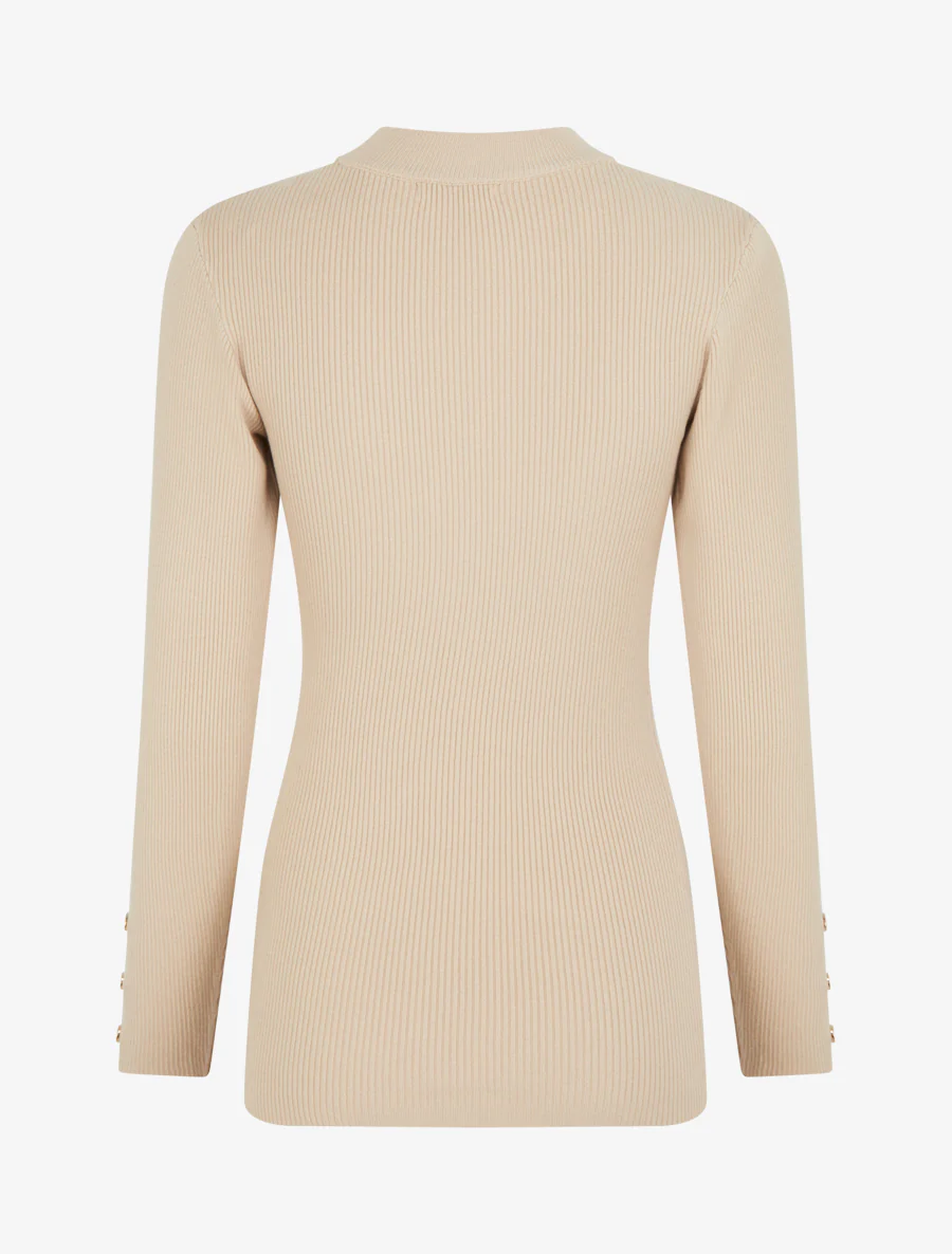 Pull côtelé à col montant - Beige - Image 2
