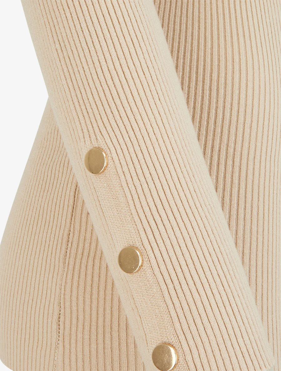 Pull côtelé à col montant - Beige - Image 3