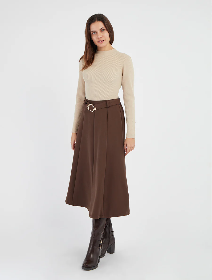 Pull côtelé à col montant - Beige - Image 5