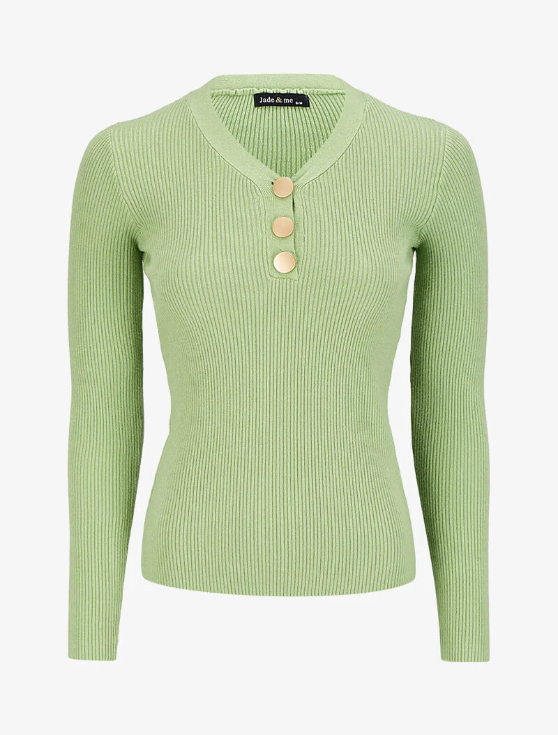 Pull côtelé à col V boutonné - Vert pomme