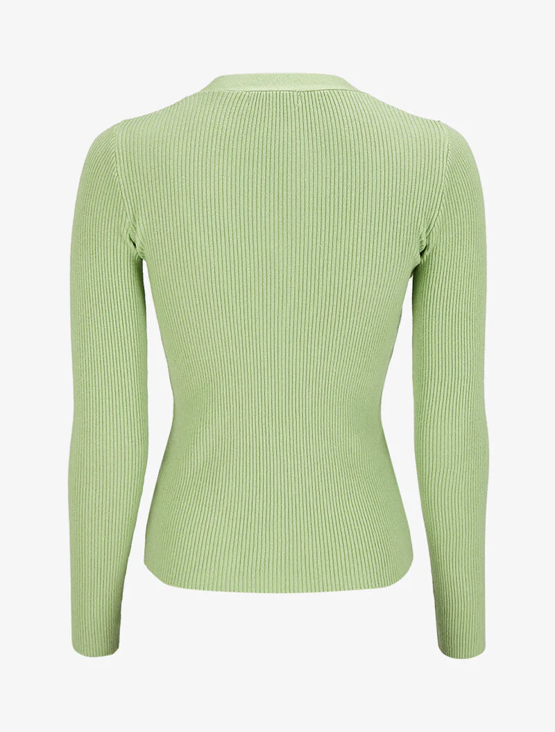 Pull côtelé à col V boutonné - Vert pomme - Image 2