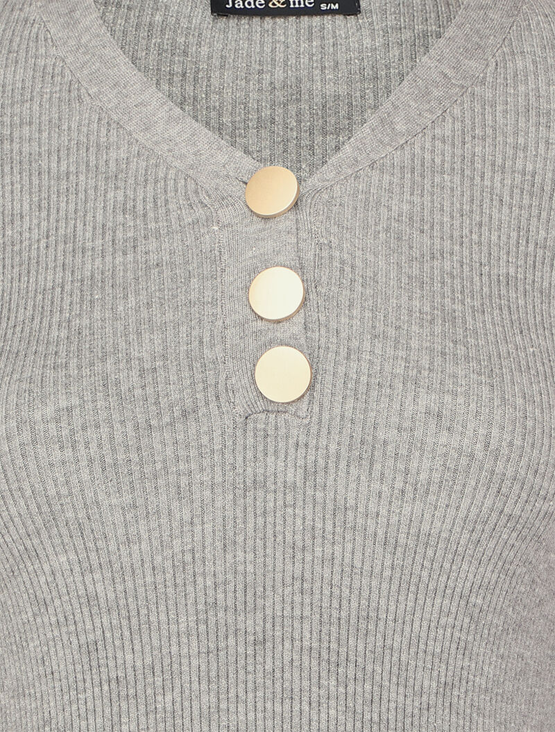 Pull côtelé à col V boutonné - Gris chiné - Image 3