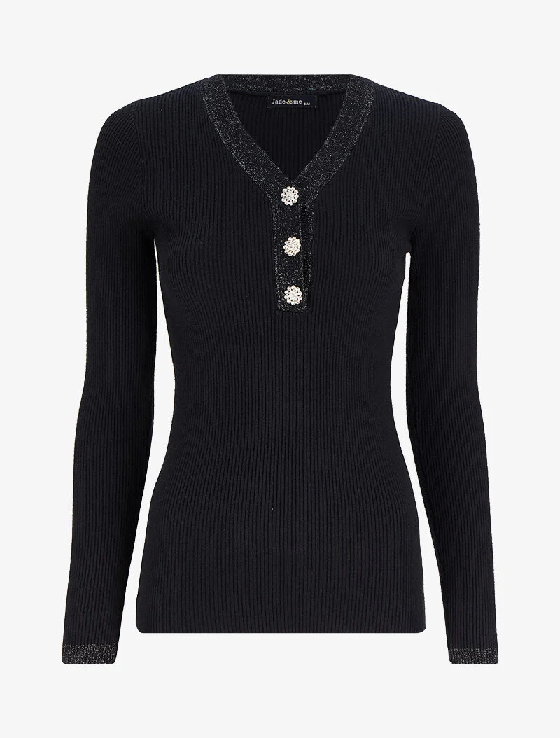 Pull côtelé à col V irisé et boutons en strass - Noir