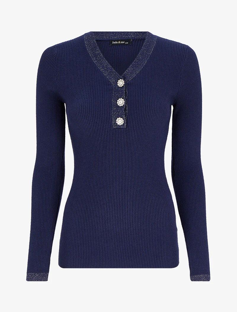 Pull côtelé à col V irisé et boutons en strass - Marine