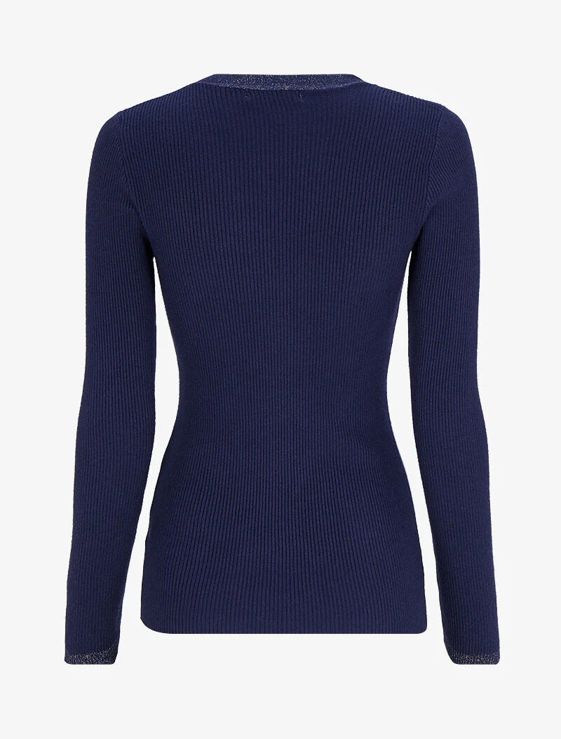 Pull côtelé à col V irisé et boutons en strass - Marine - Image 2