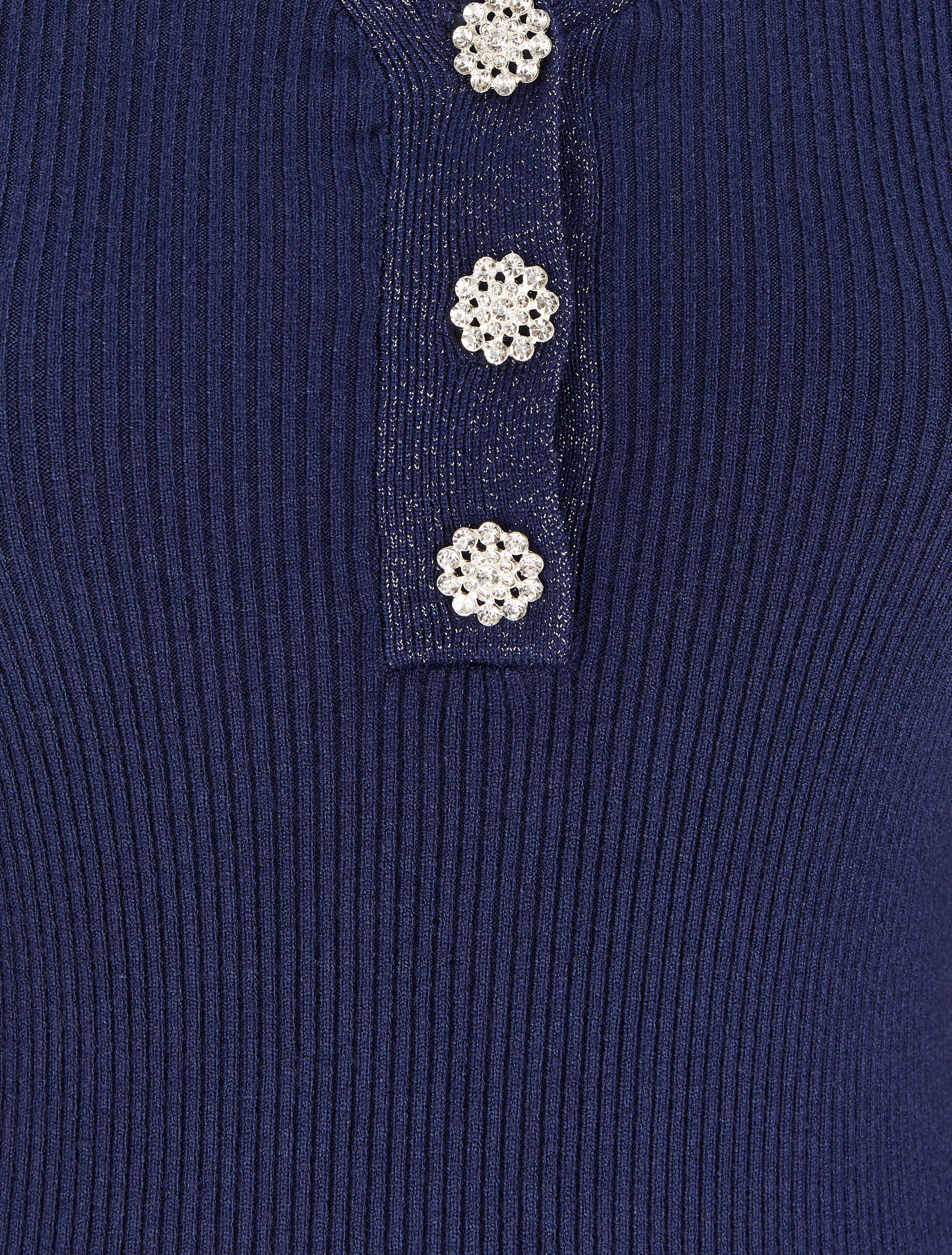 Pull côtelé à col V irisé et boutons en strass - Marine - Image 3
