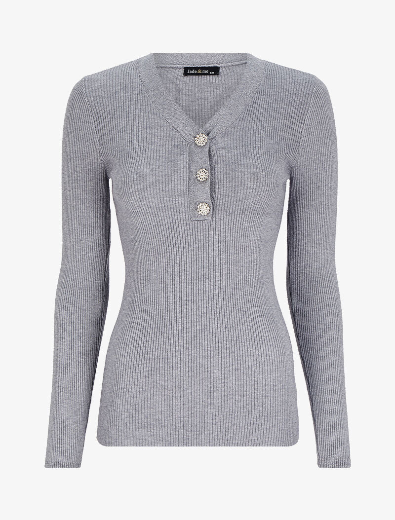 Pull côtelé à col V irisé et boutons en strass - Gris chiné - Image 2