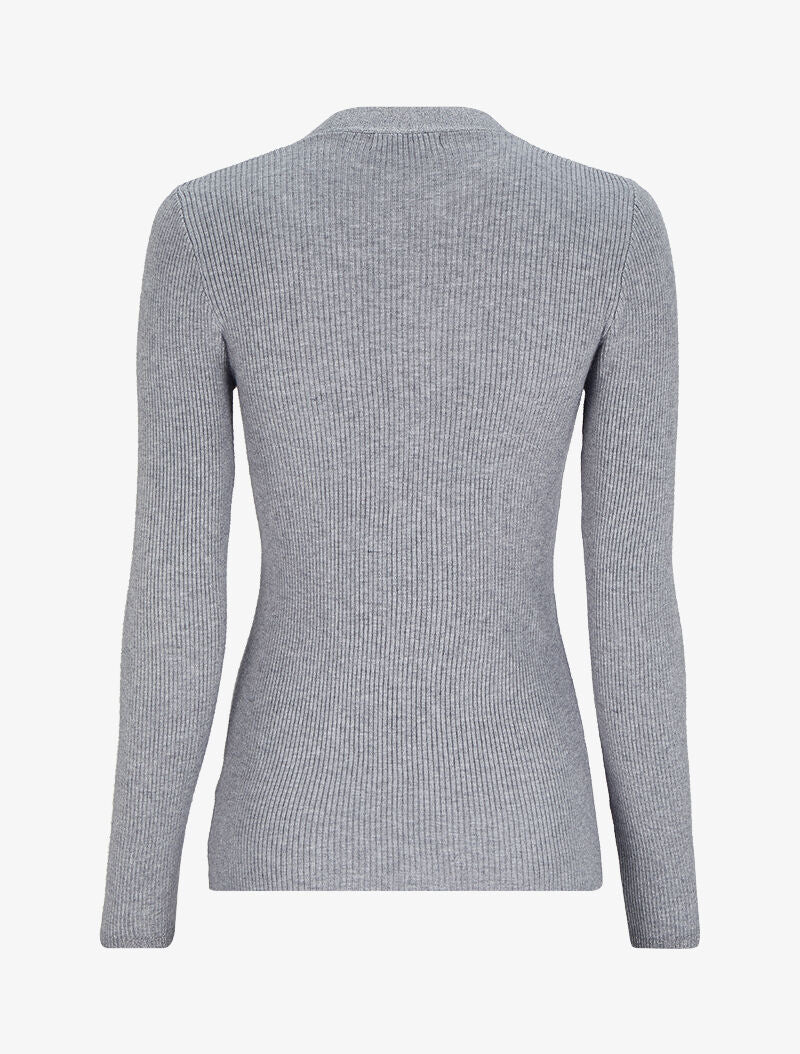Pull côtelé à col V irisé et boutons en strass - Gris chiné - Image 3