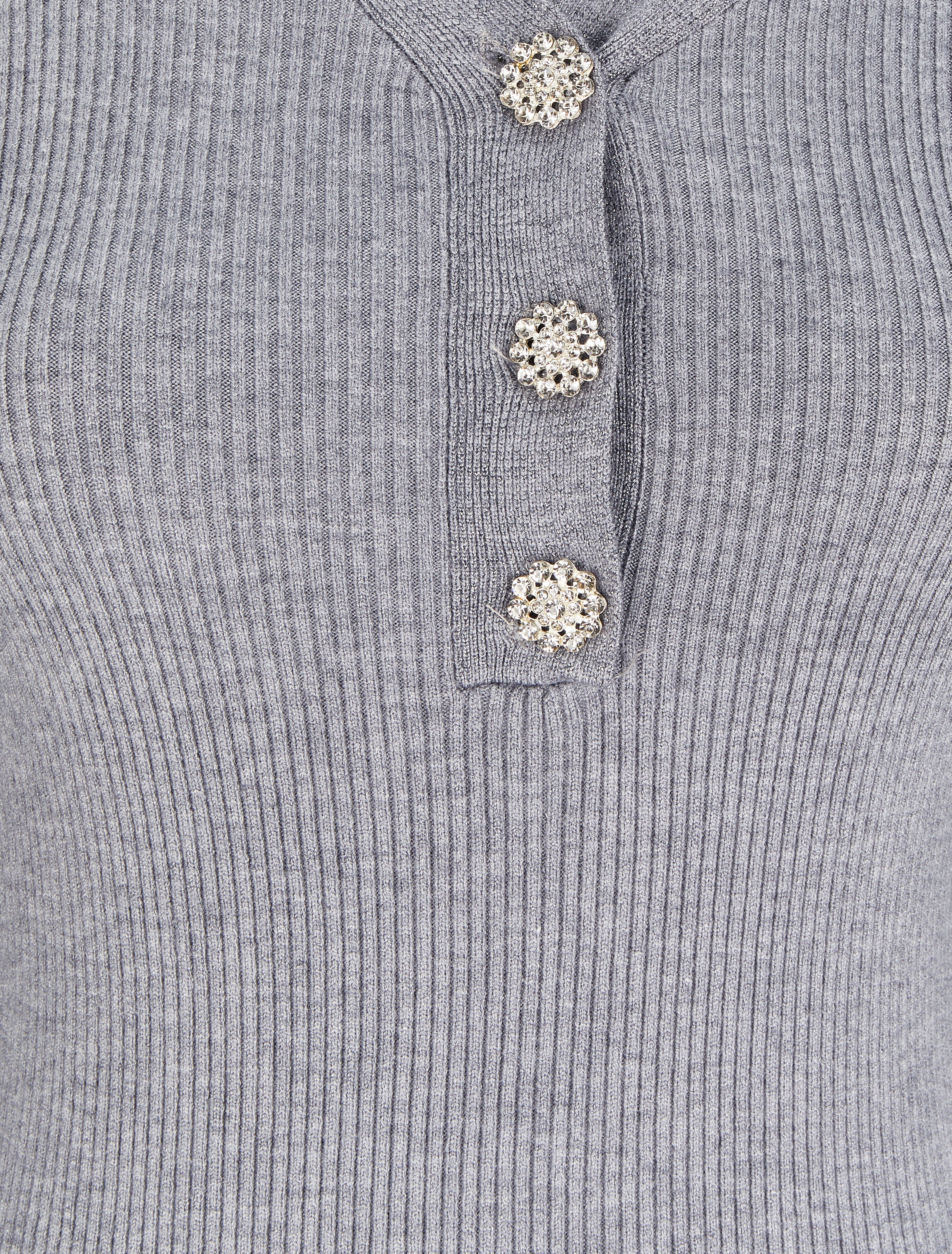 Pull côtelé à col V irisé et boutons en strass - Gris chiné - Image 4