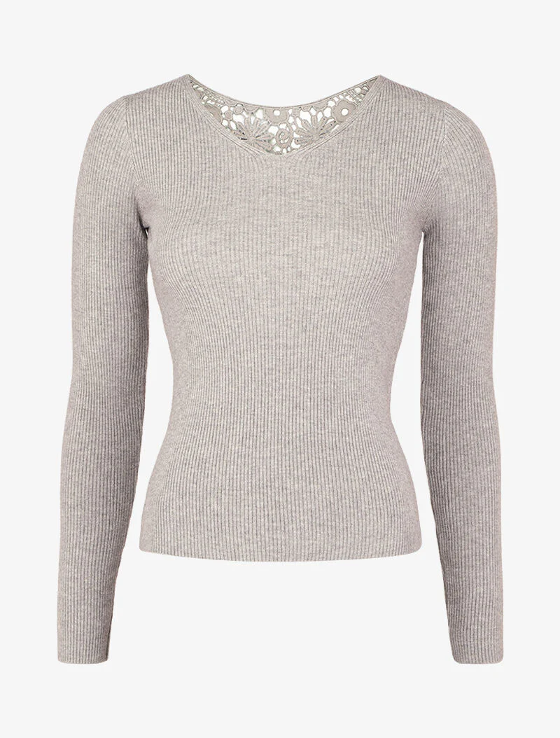 Pull côtelé à dos ajouré en crochet - Gris chiné