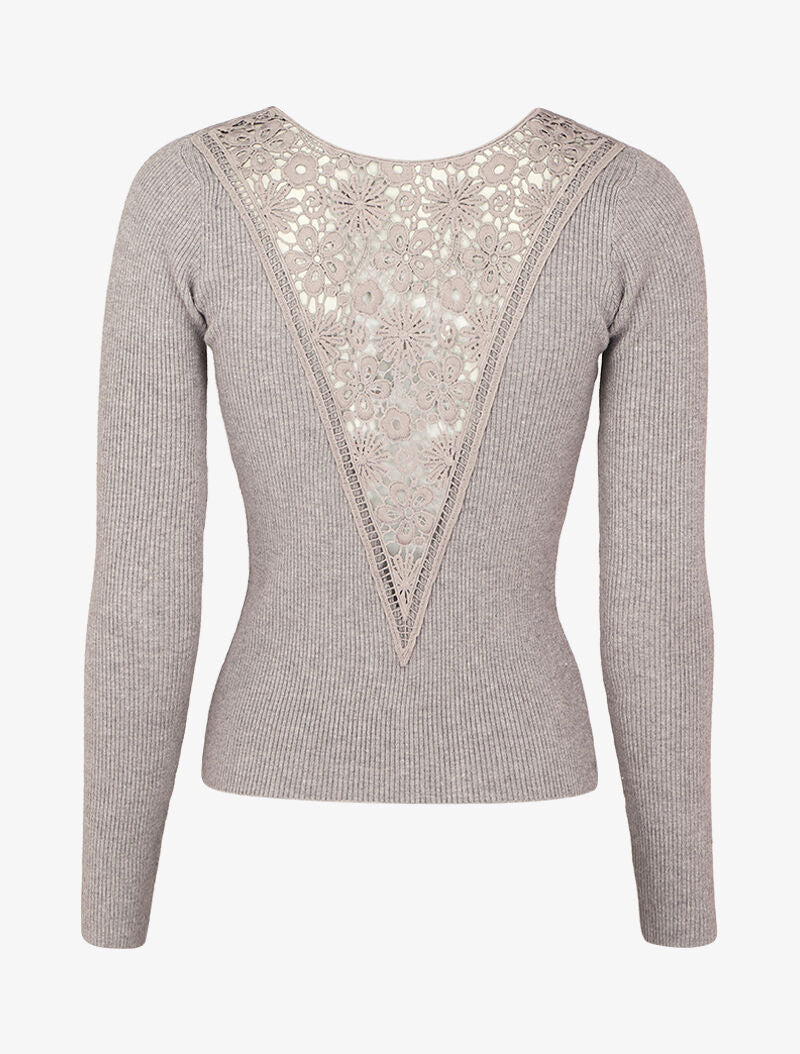 Pull côtelé à dos ajouré en crochet - Gris chiné - Image 2