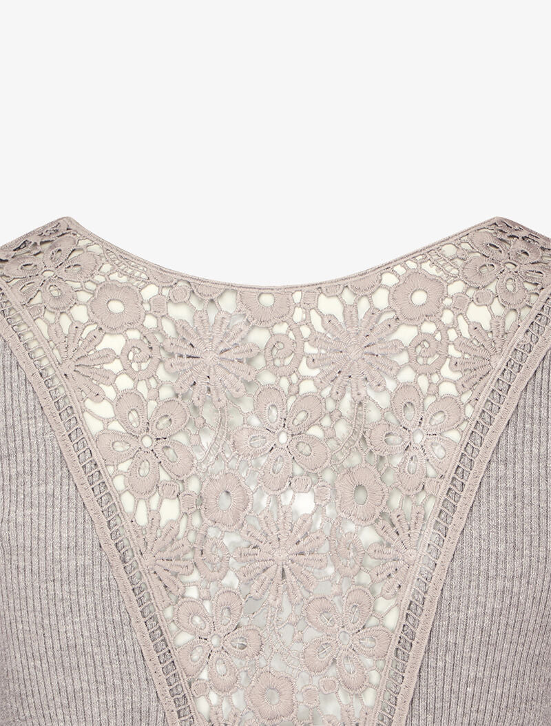 Pull côtelé à dos ajouré en crochet - Gris chiné - Image 3