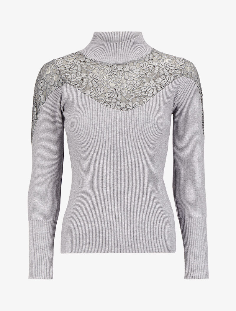 Pull côtelé à épaules en dentelle et col montant - Gris
