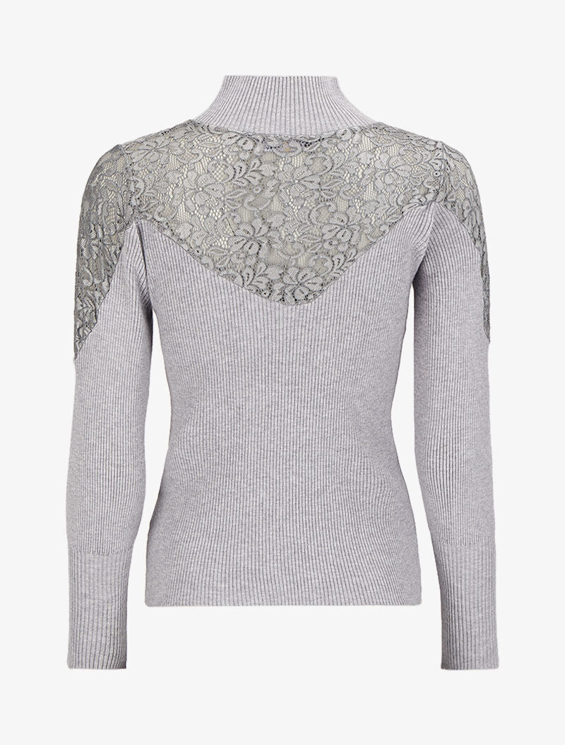 Pull côtelé à épaules en dentelle et col montant - Gris - Image 2