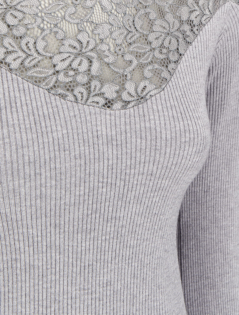 Pull côtelé à épaules en dentelle et col montant - Gris - Image 3