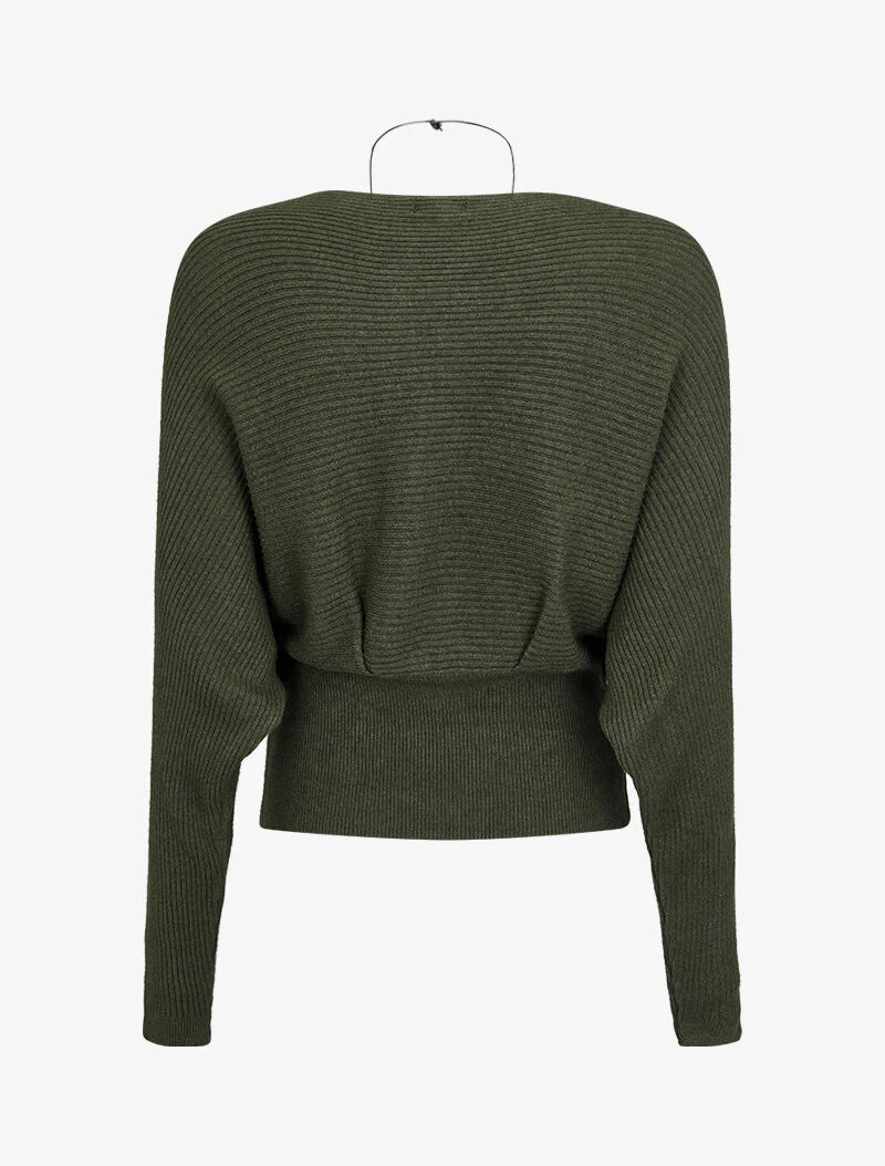 Pull côtelé à manches chauve-souris et col bateau - Kaki - Image 3