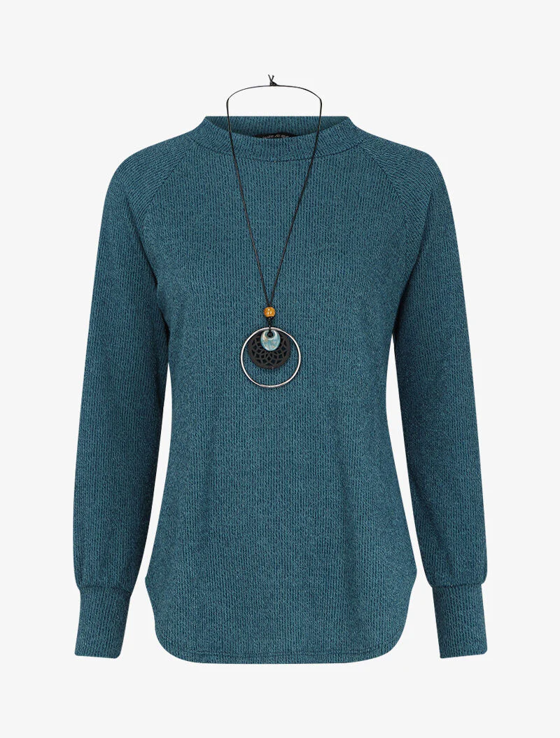 Pull côtelé à manches raglan et bords arrondis - Bleu canard