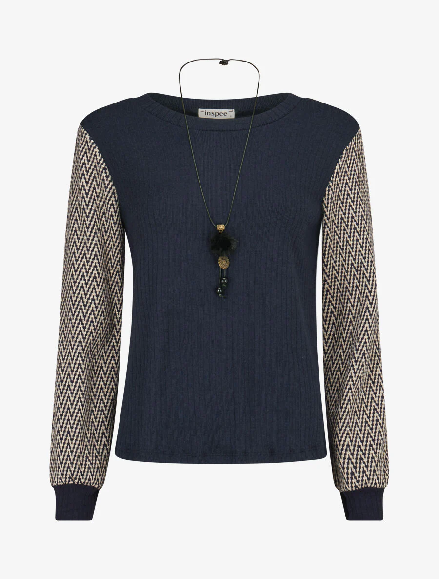 Pull côtelé à manches stylisées - Marine
