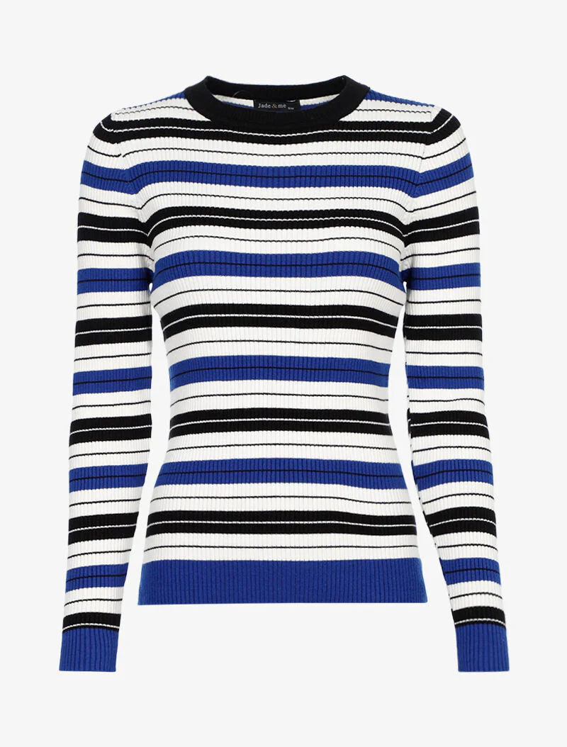 Pull côtelé à rayures bicolore - bleu/noir/écru
