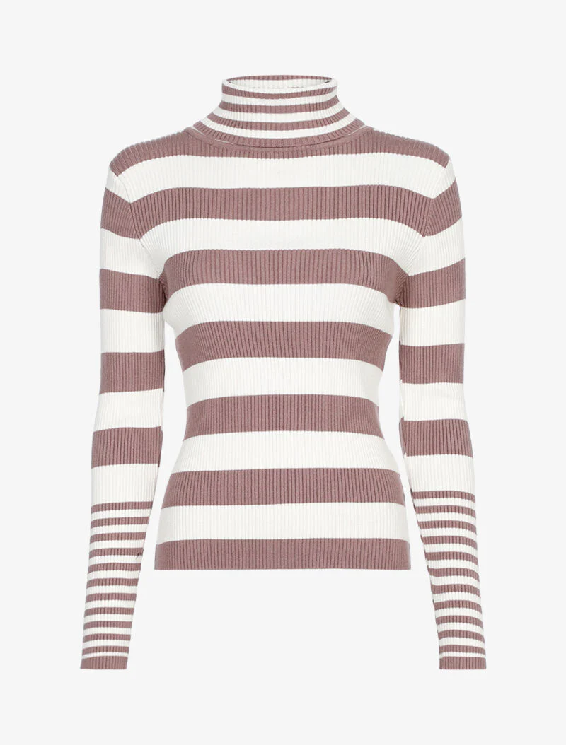 Pull côtelé à rayures et à col roulé - taupe/écru