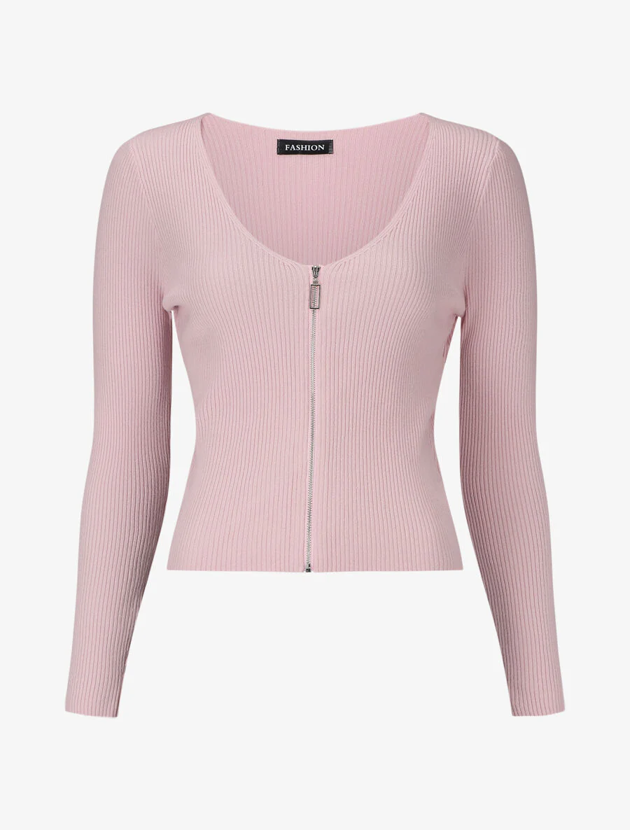 Pull côtélé à zip - Rose - Image 2