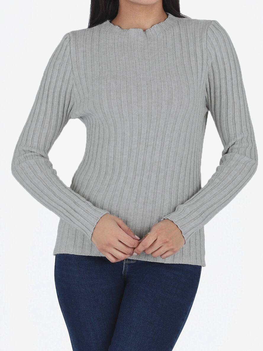 Pull côtelé ajusté à col montant - Gris clair - Image 4