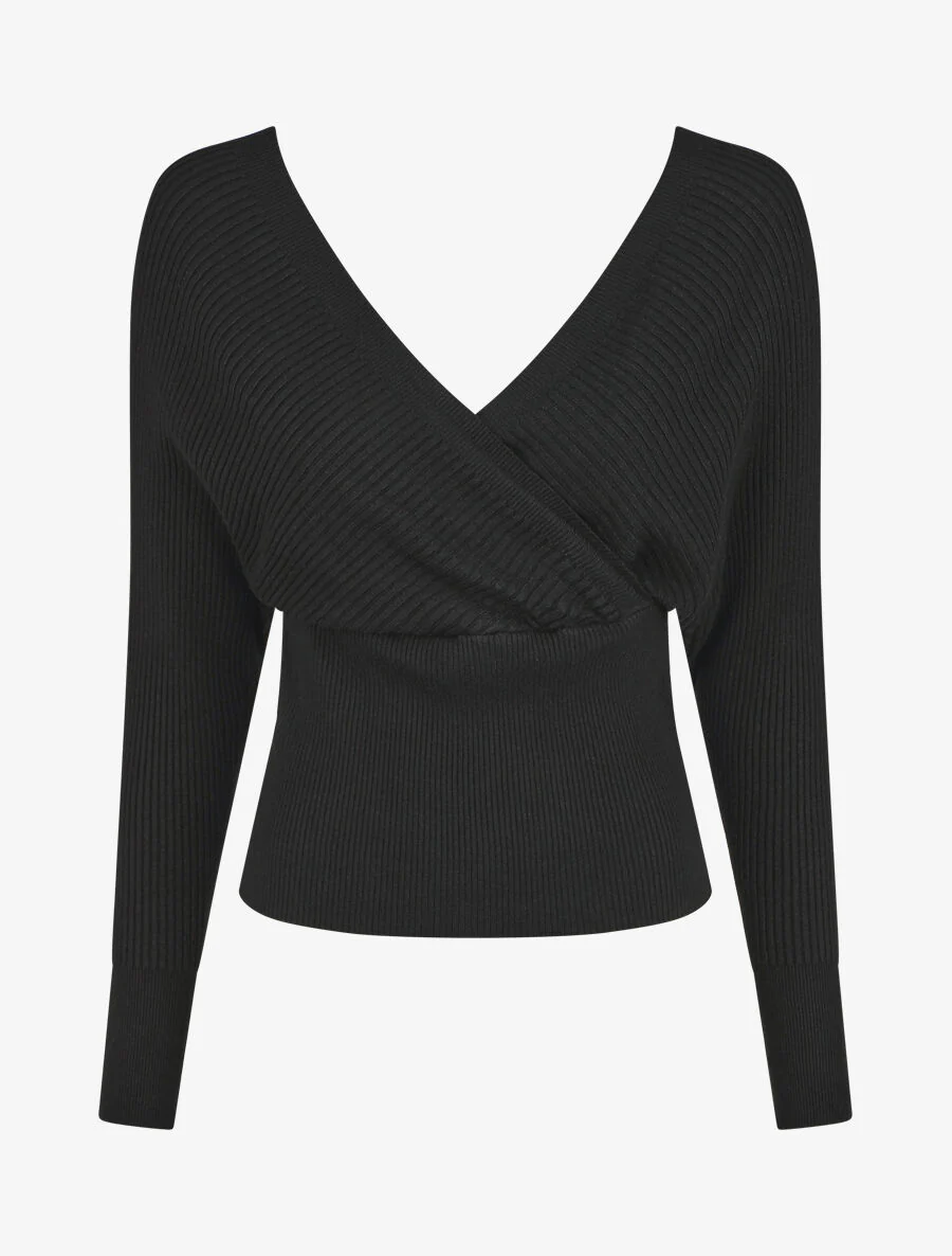 Pull côtelé ajusté col cache-coeur - Noir