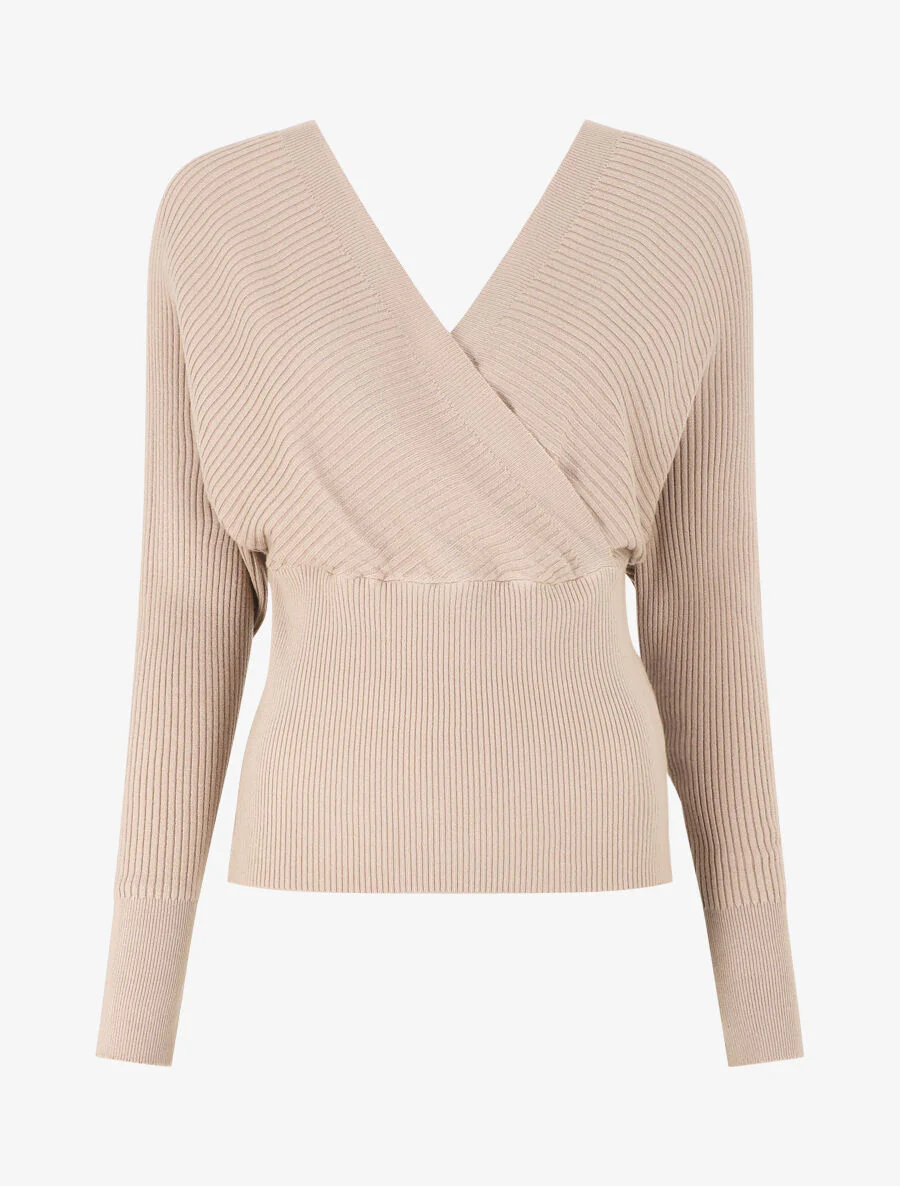 Pull côtelé ajusté col cache-coeur - Beige