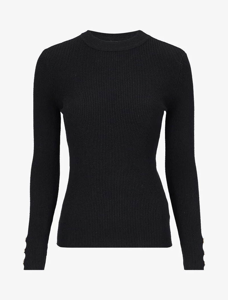 Pull côtelé basique à poignets boutonnés - Noir