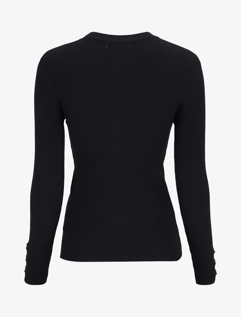Pull côtelé basique à poignets boutonnés - Noir - Image 2