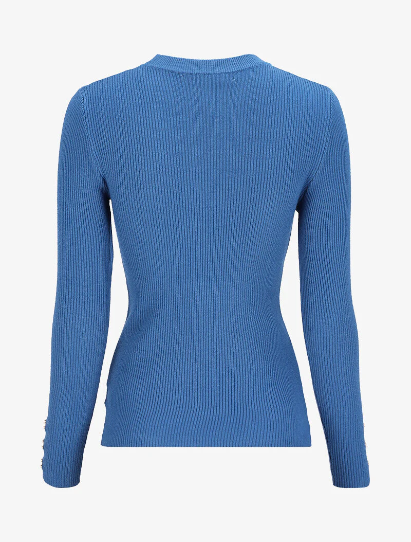 Pull côtelé basique à poignets boutonnés - Bleu - Image 3