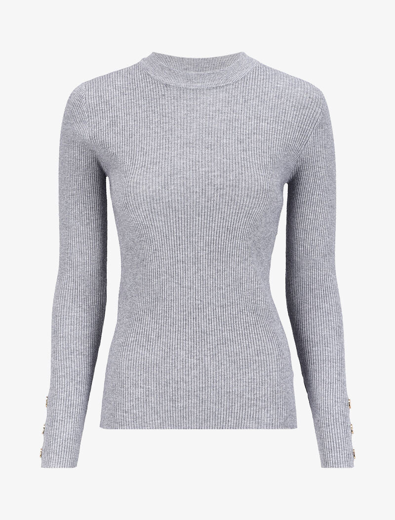 Pull côtelé basique à poignets boutonnés - Gris chiné
