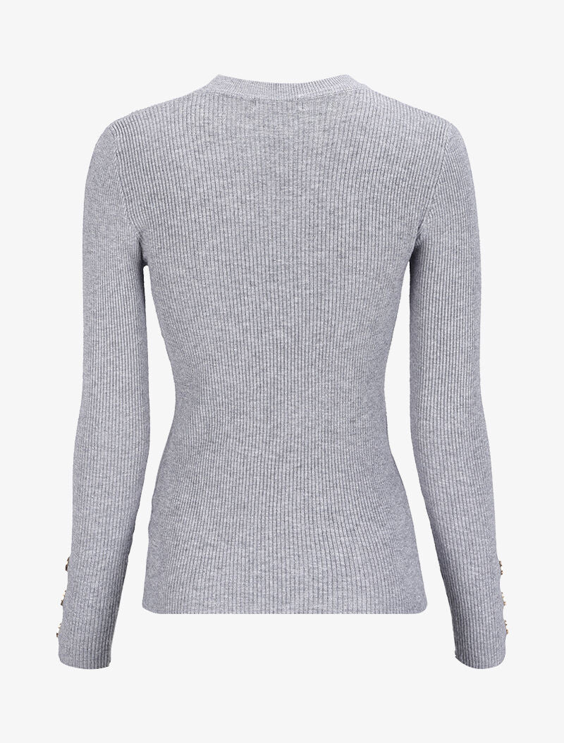 Pull côtelé basique à poignets boutonnés - Gris chiné - Image 2