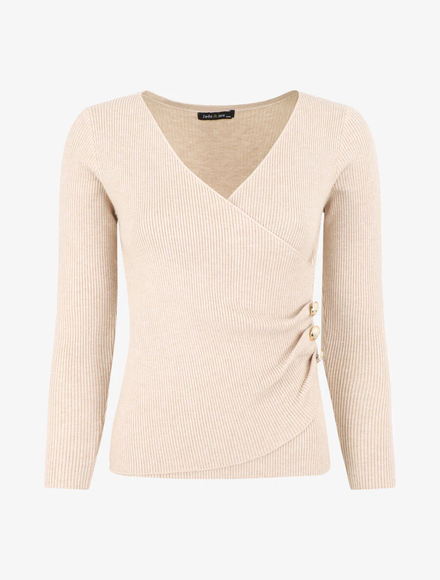 Pull côtelé col cache-coeur et boutons - Beige